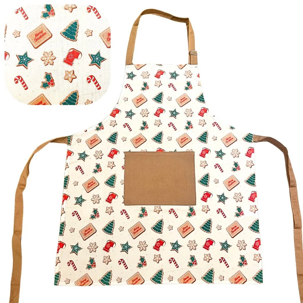 Pamut konyhai kötény karácsonyi barna és fehér mézeskalács mintával TiaHome