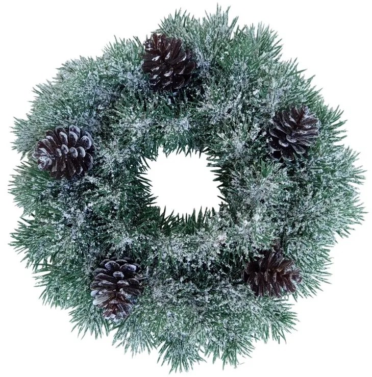 Műanyag koszorú hóval és tobozzal, hossza 28 cm