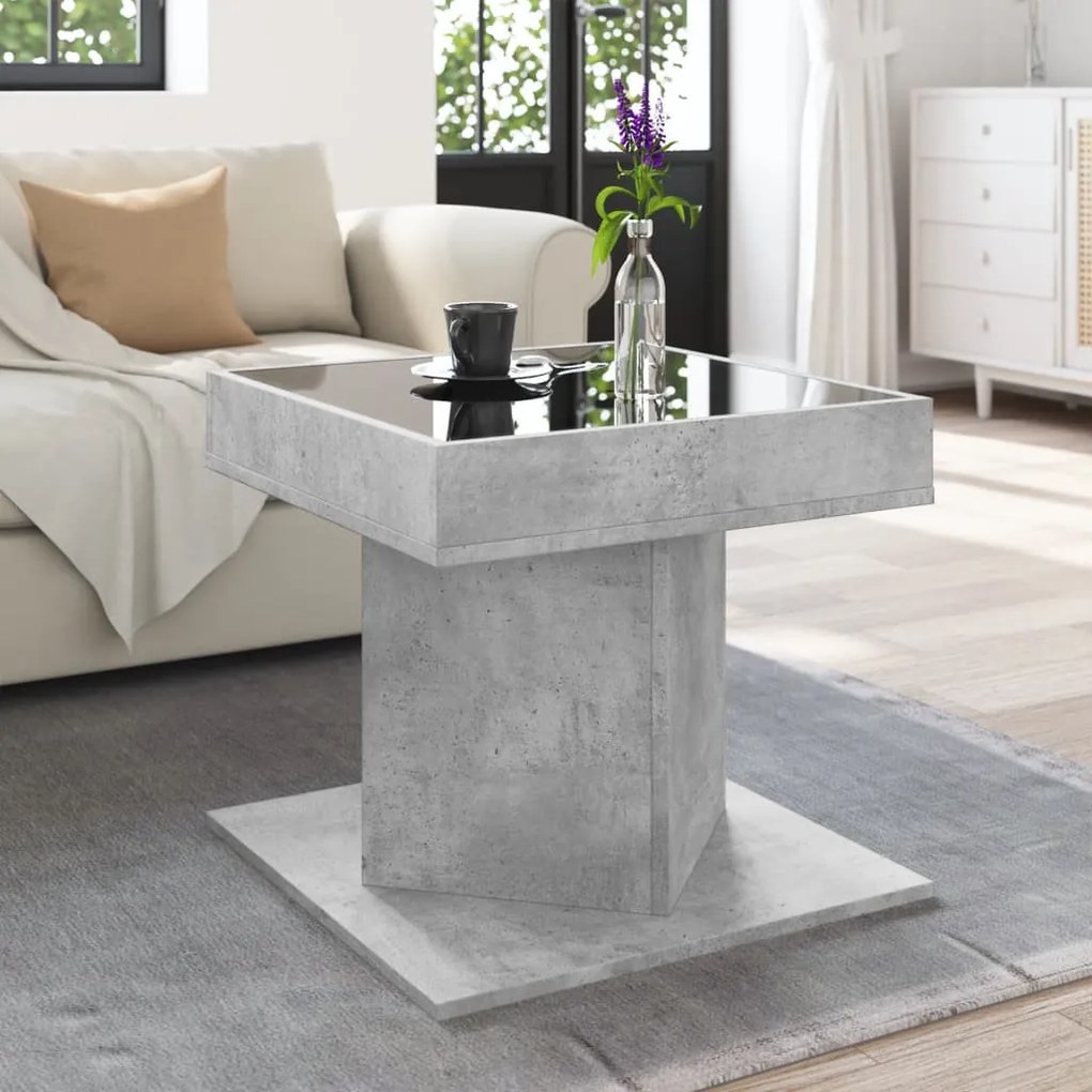 Betonszürke szerelt fa dohányzóasztal LED-del 50 x 50 x 45 cm