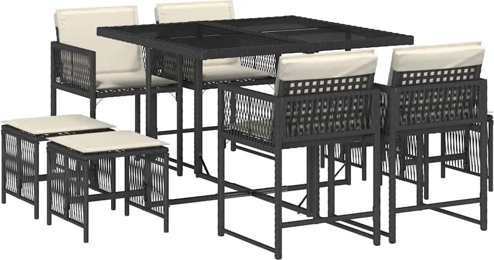 vidaXL 9 részes fekete polyrattan kerti étkezőgarnitúra párnákkal