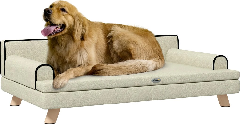 PawHut Skandináv Stílusú Kutyáknak és Macskáknak Szófaágy Párnával, Tömör Fa Lábbal, 100 x 62 x 32 cm Bézs | Aosom