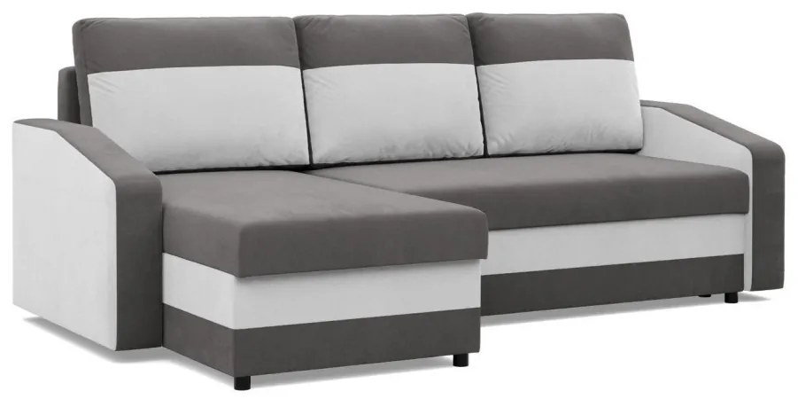 Hewlet sarokkanapé, 1 ágyneműtartóval, szövet anyag, univerzális oldal, bonell töltet, szürke - fehér