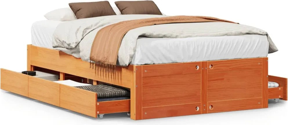 vidaXL barna tömör fenyőfa fiókos ágykeret matrac nélkül 135 x 190 cm