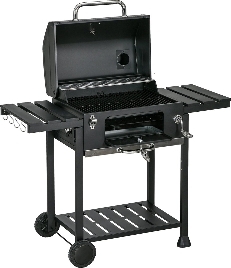 Outsunny Szén-Grill, Kemping Grill Két Grill Rácsos, Összecsukható Oldalasztal, Grill Kocsi Polccal, BBQ Fogantyú, Rozsdamentes Acél, Fekete, 120 x 64