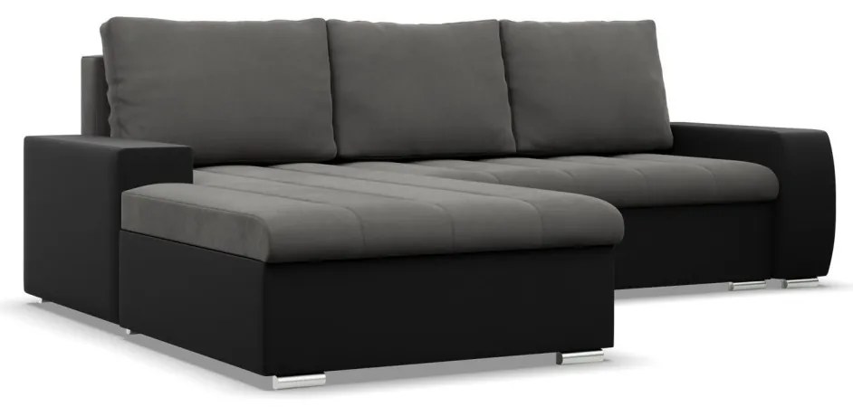 Toronto sarokkanapé, 2 ágyneműtartóval, bársony + műbőr, baloldali, szürke - fekete