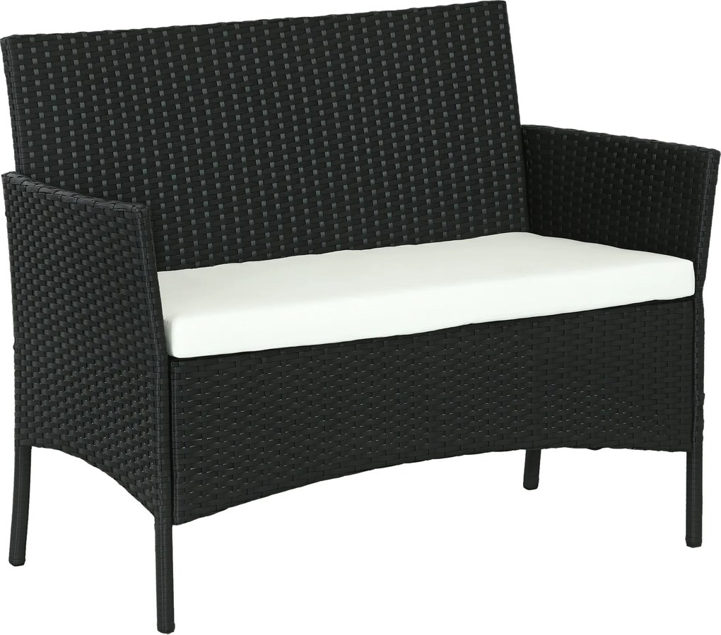Outsunny PE Rattan és Acél Kültéri Kert Sofa, 2 Személyes Párnával és Karfákkal, 100x54x80cm, Fekete | Aosom