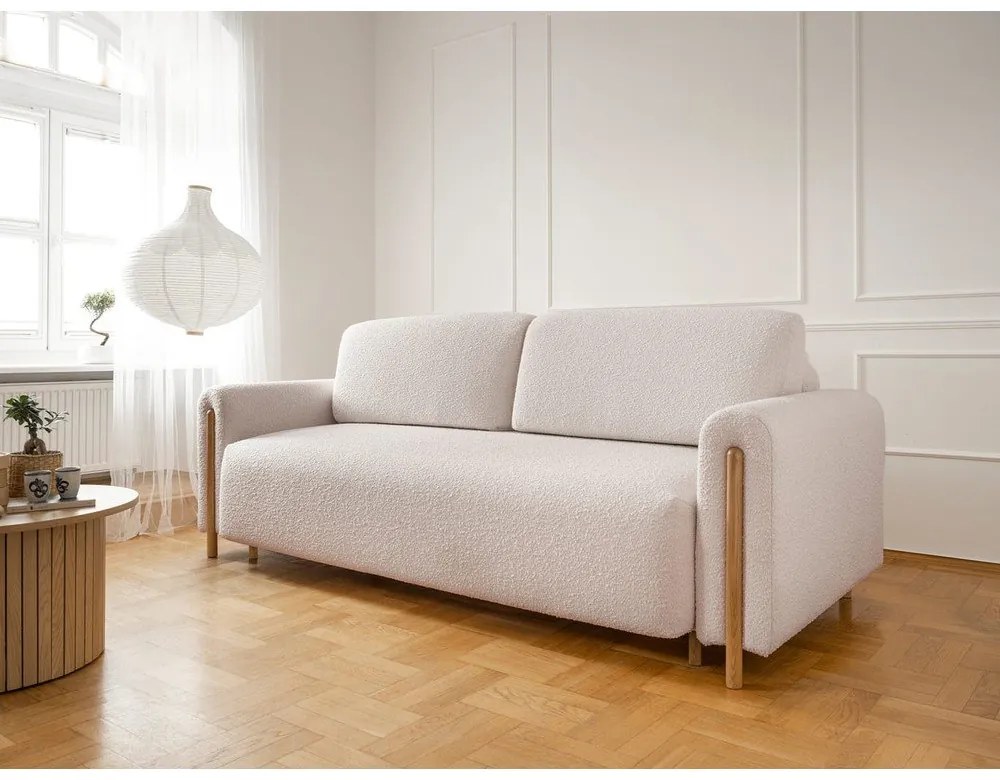 Bézs-krémszínű buklé kinyitható-tárolóhelyes kanapé 244 cm Arcadova – ELTAP