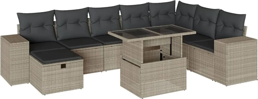 vidaXL 9 részes világosszürke polyrattan kerti ülőgarnitúra párnával