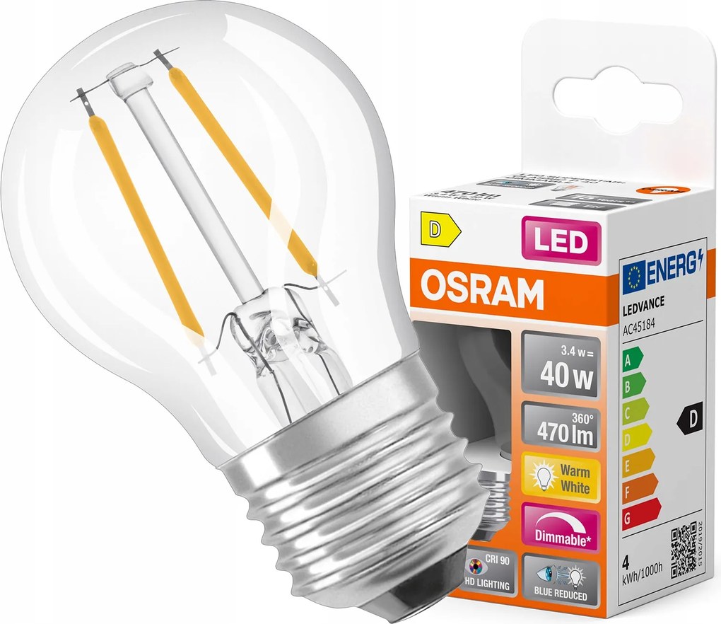 Led izzó P45 Golyó E27 3.4W 40W 2700K CRI90 Filament Tompítható Osram