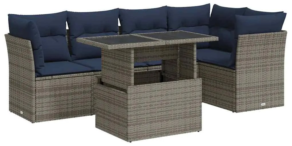6 részes szürke polyrattan akácfa kerti ülőgarnitúra párnákkal
