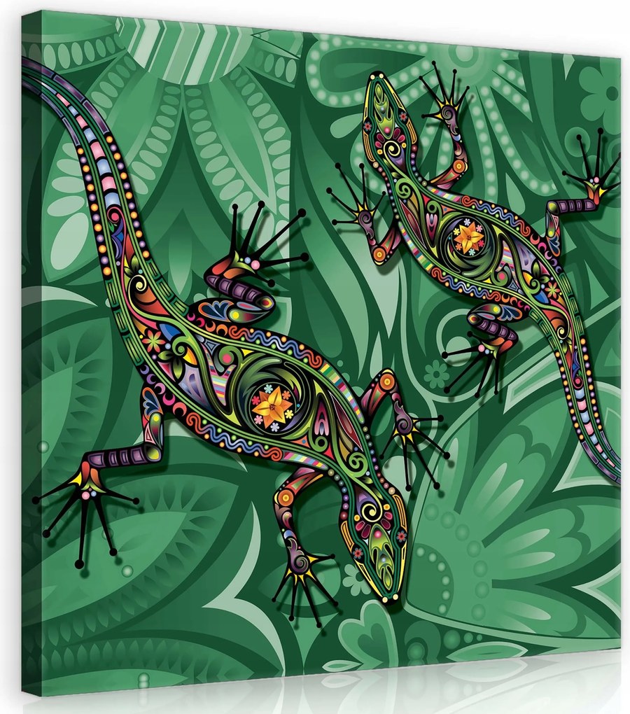 Vászonkép 80x80 Színes gyíkok geometrikus háttérrel a szobába stílusosan