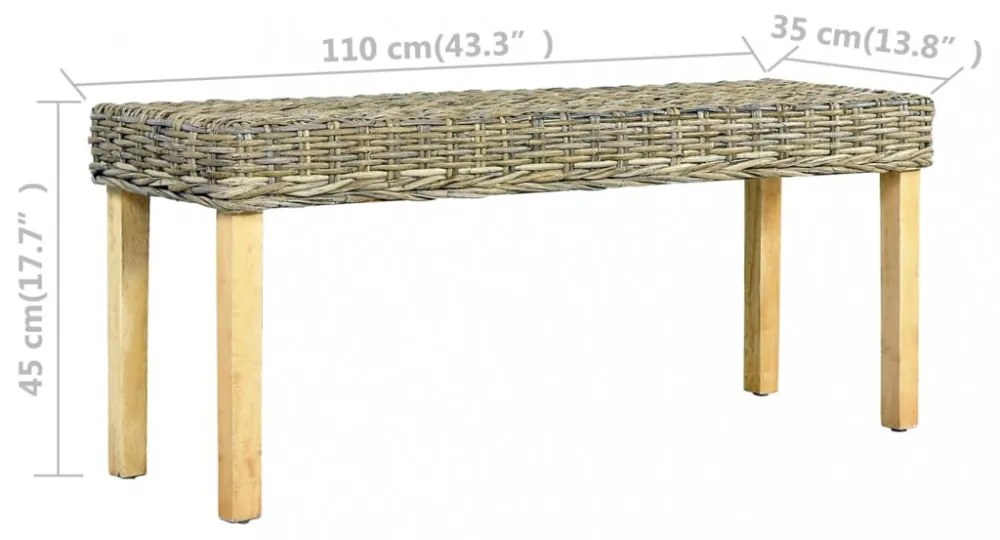 természetes kubu rattan és tömör mahagóni fa pad 110 cm