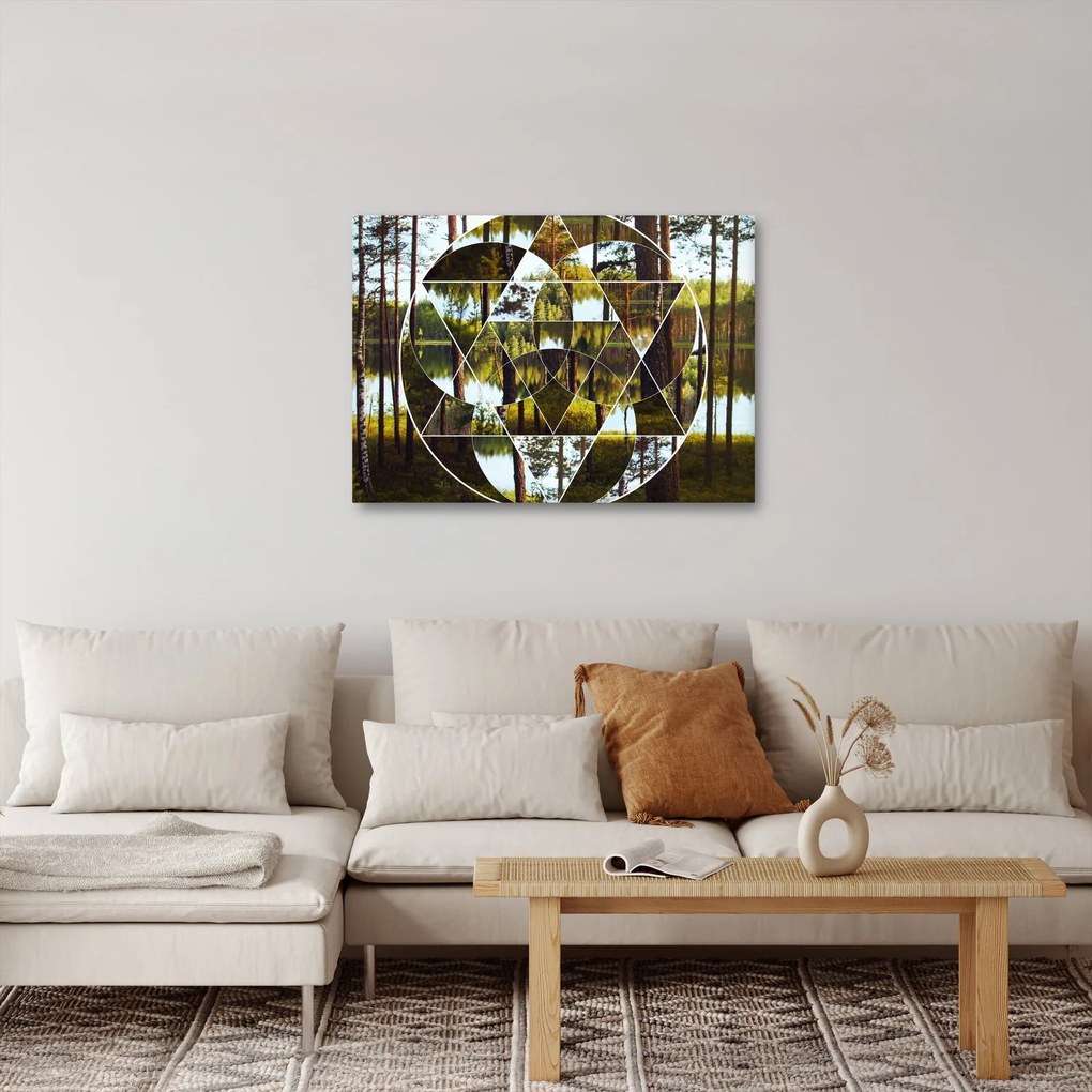 Kép - Geometrikus kollázs a skandináv erdők hátterében (70x50 cm)