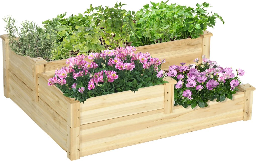 Outsunny Magaságyás, 3-Szintes Ültetőágy, Virágágy, Fűszerágy, Növénytartó, Virágtartó Erkélyhez, Kerthez, Fenyőfából, Természetes, 108 x 88 x 36 cm |