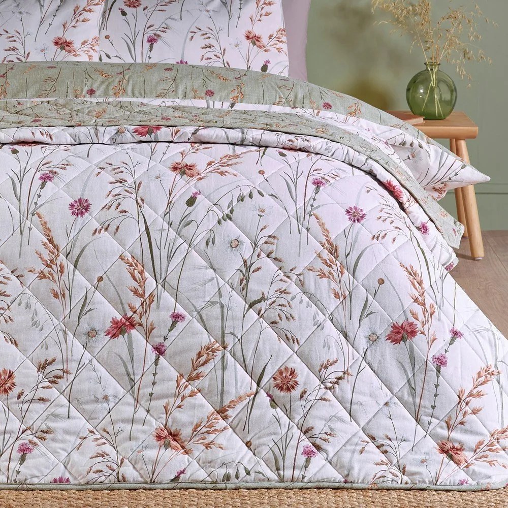Zöld-bézs pamut steppelt ágytakaró 200x220 cm Grasmere Floral – Catherine Lansfield