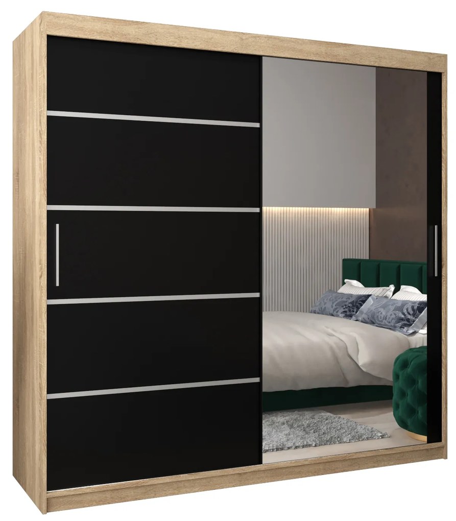 Ruhászekrény 200 cm tükörrel Verika 2 200 (szonoma tölgy + fekete). 1064231