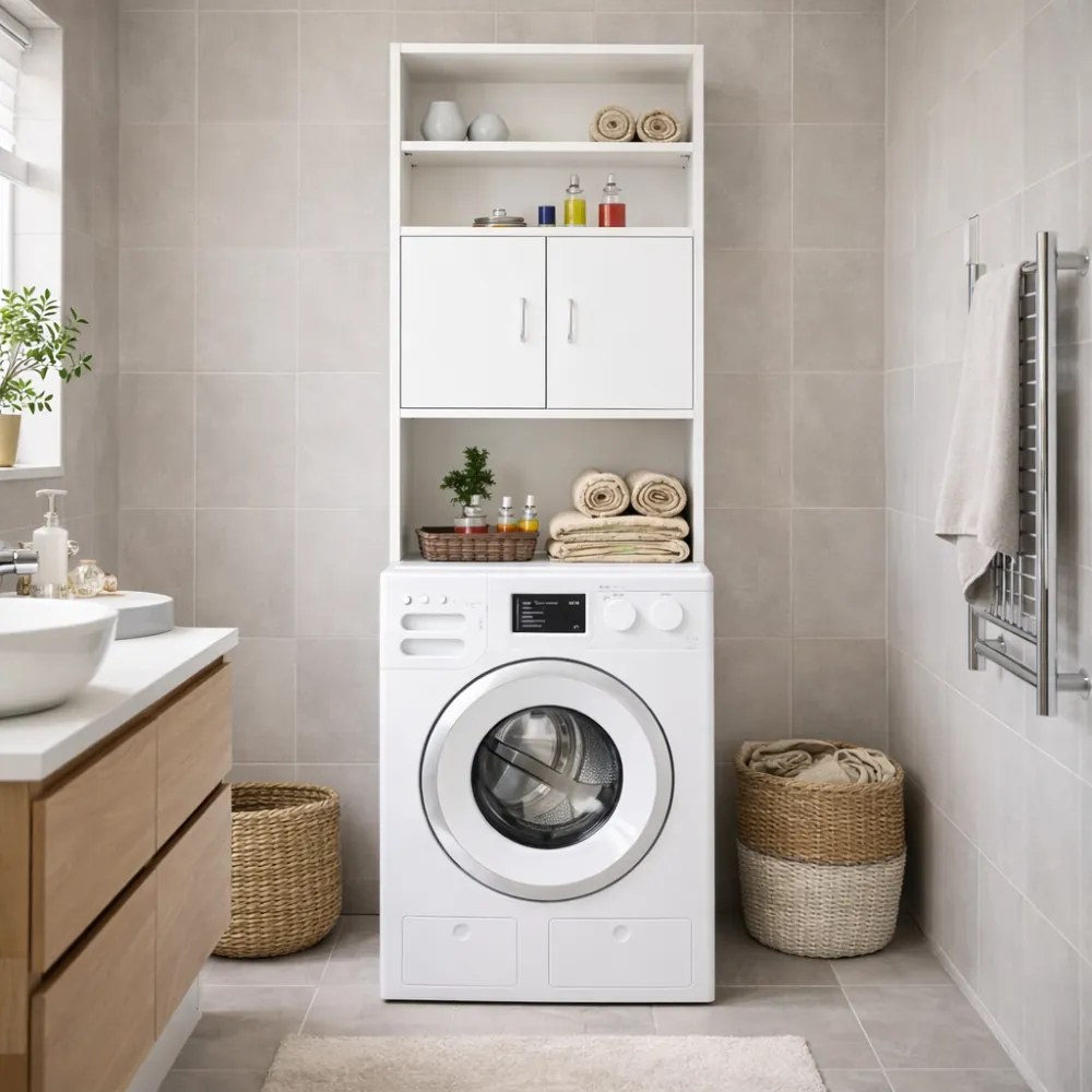 SILKE mosógép fölé helyezhető magas szekrény, 185×63×20 cm, fehér Casaria