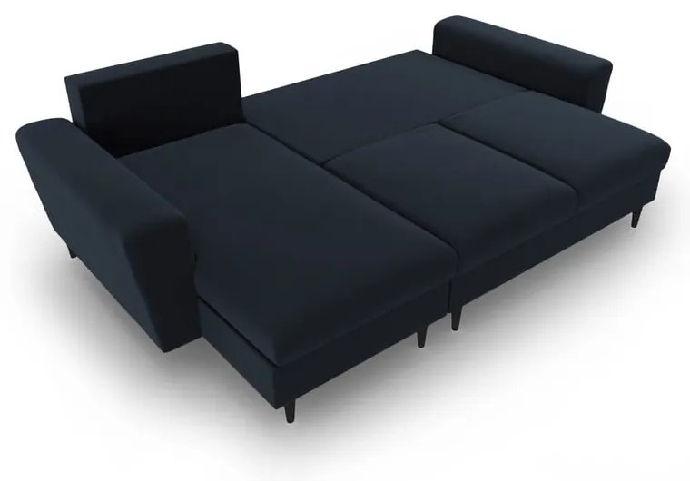 Sötétkék bársony kinyitható tárolóhelyes sarokkanapé Kyoto – Cosmopolitan Design