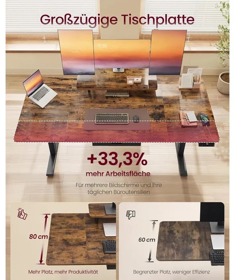 Magasságállítható íróasztal, 160 x 80 cm, vintage barna