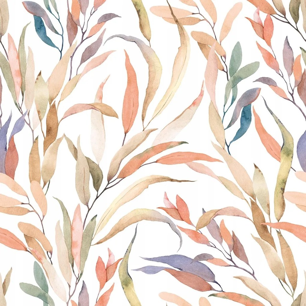 Fehér fali tapéta színes akvarell levelekkel, flizelin tapéta