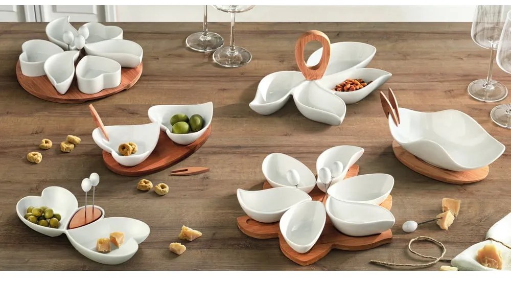 Fehér porcelán-bambusz szervírozó szervírozó készlet – Brandani