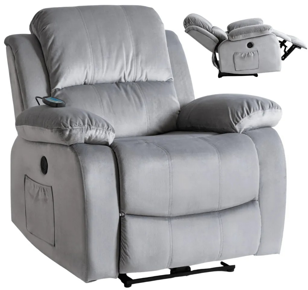 Elektromosan Vezérelhető Masszázsfunkciós Relaxfotel Szürke Bársony Kárpittal. ARON