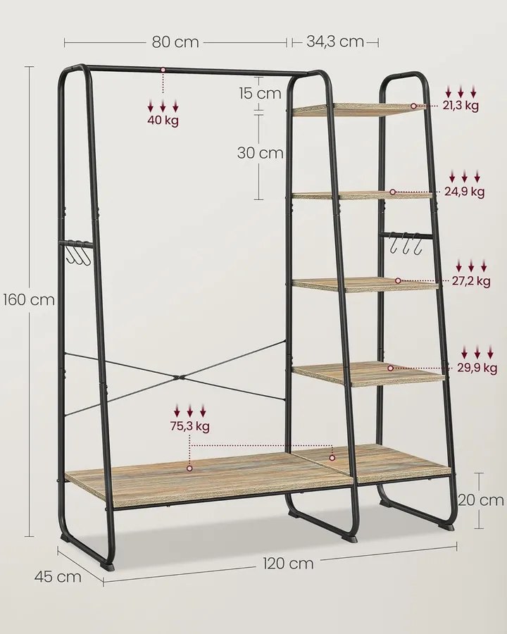 VASAGLE ruhatartó állvány, 45 × 120 × 160 cm, türkizbarna-fekete