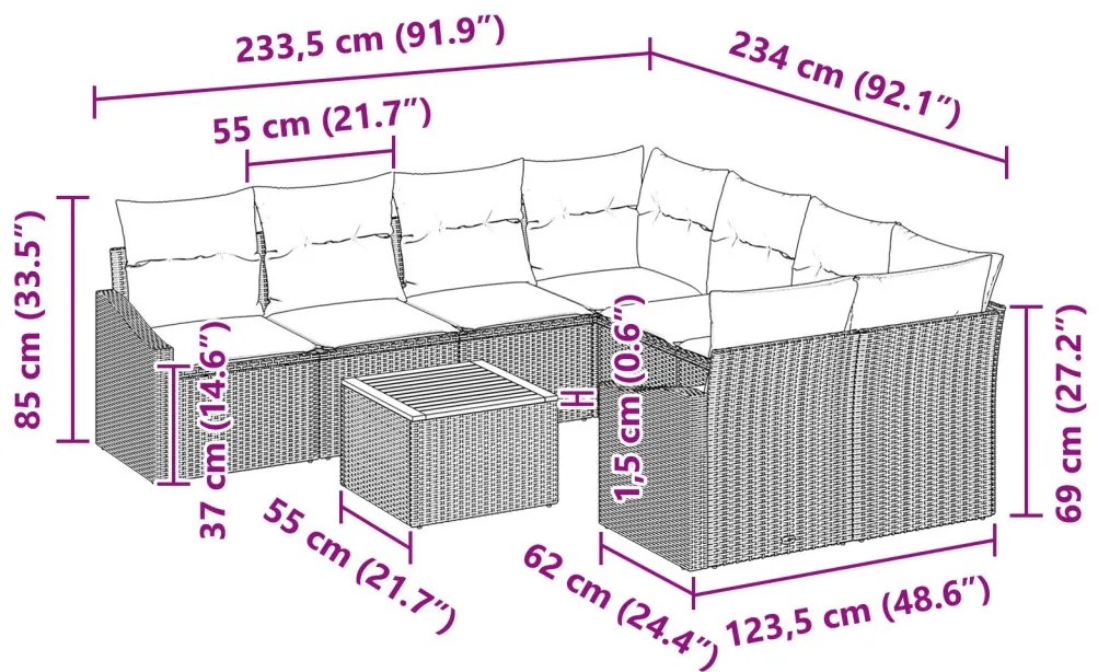 9 Darabos Kerti Kanapé Szett Párnával Szürke Poli Rattan Akác
