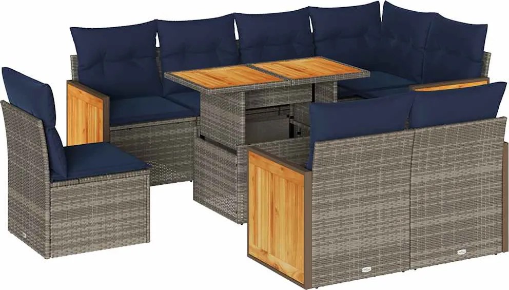 vidaXL 9 részes szürke polyrattan akácfa kerti ülőgarnitúra párnákkal