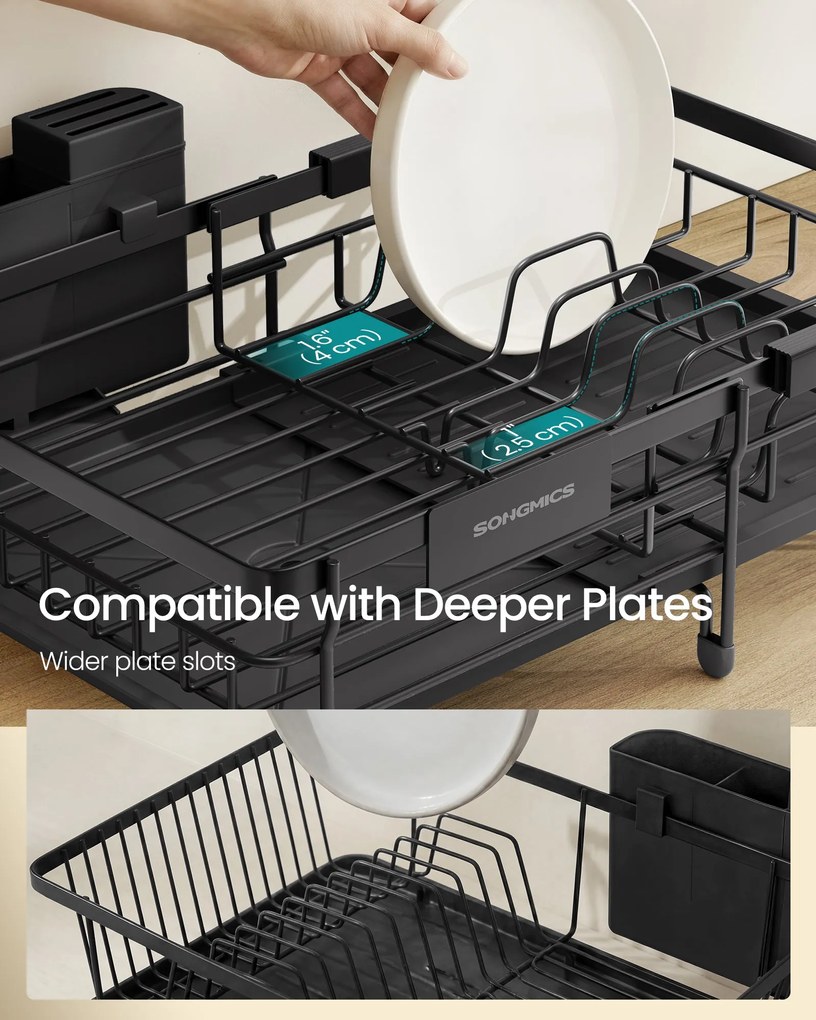 SONGMICS edényszárító állvány, kihúzható mosogató szárító, 360° vízelvezetés, tintafekete