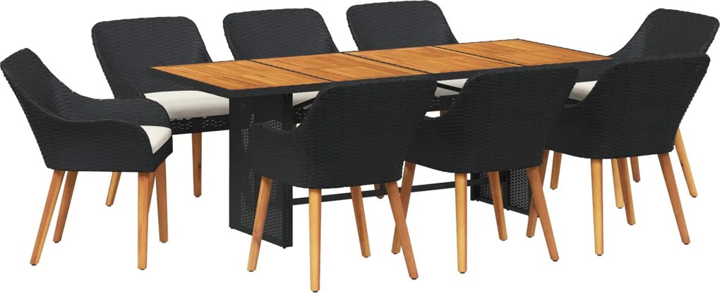 vidaXL Kert étkező szett párnával 9 pcs Fekete polirattan