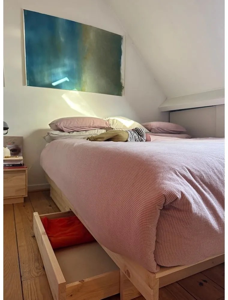 Natúr színű borovi fenyő franciaágy tárolóhellyel és ágyráccsal 160x200 cm Kanso – Karup Design