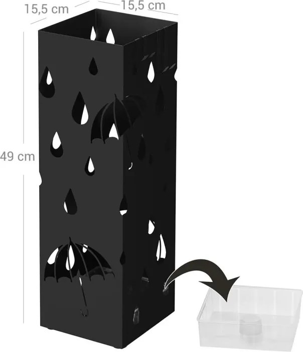Esernyőtartó négyzet alakú, akasztókkal, fekete 15x15x49cm