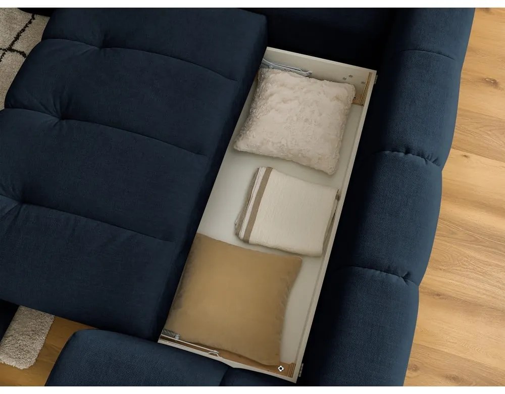 Sötétkék kinyitható-tárolóhelyes sarokkanapé (bal oldali-L alakú) Fuji – Bobochic Paris