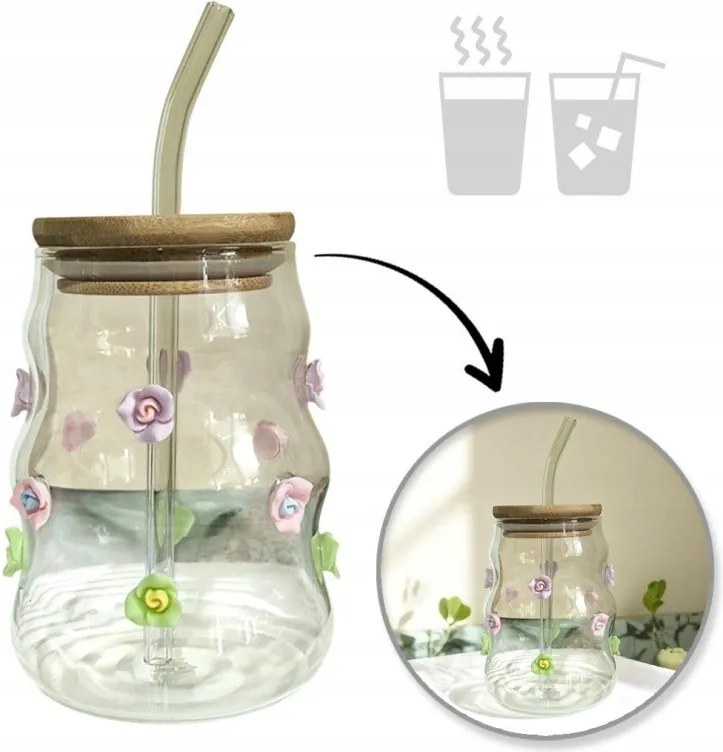 Pohár Szívószállal És Bambusz Fedéllel 450ml SZK164 Virágok