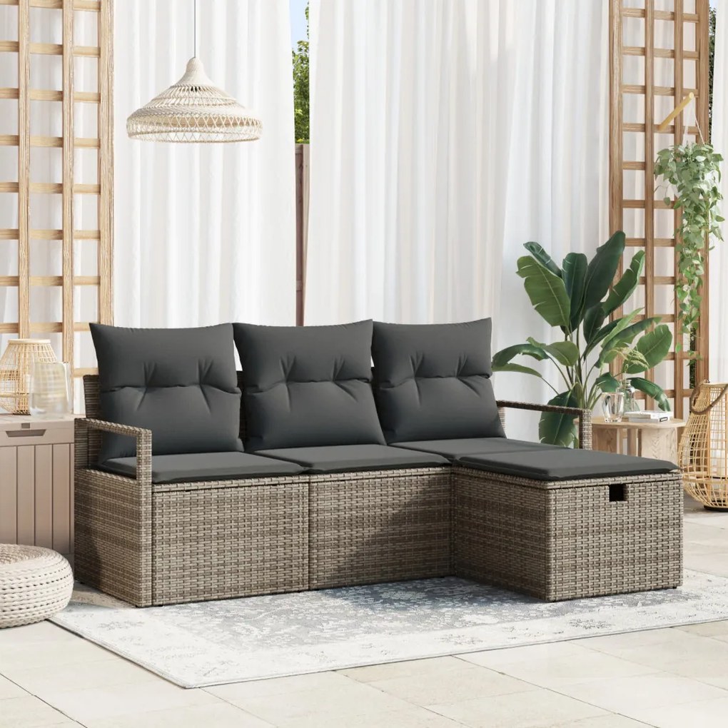 4 Részes Kert Kanapé Szett Párnákkal Szürke Poly Rattan, 2 Személyes Kert Kanapé Tárolóval &amp; Párnákkal Szürke Poly Rattan