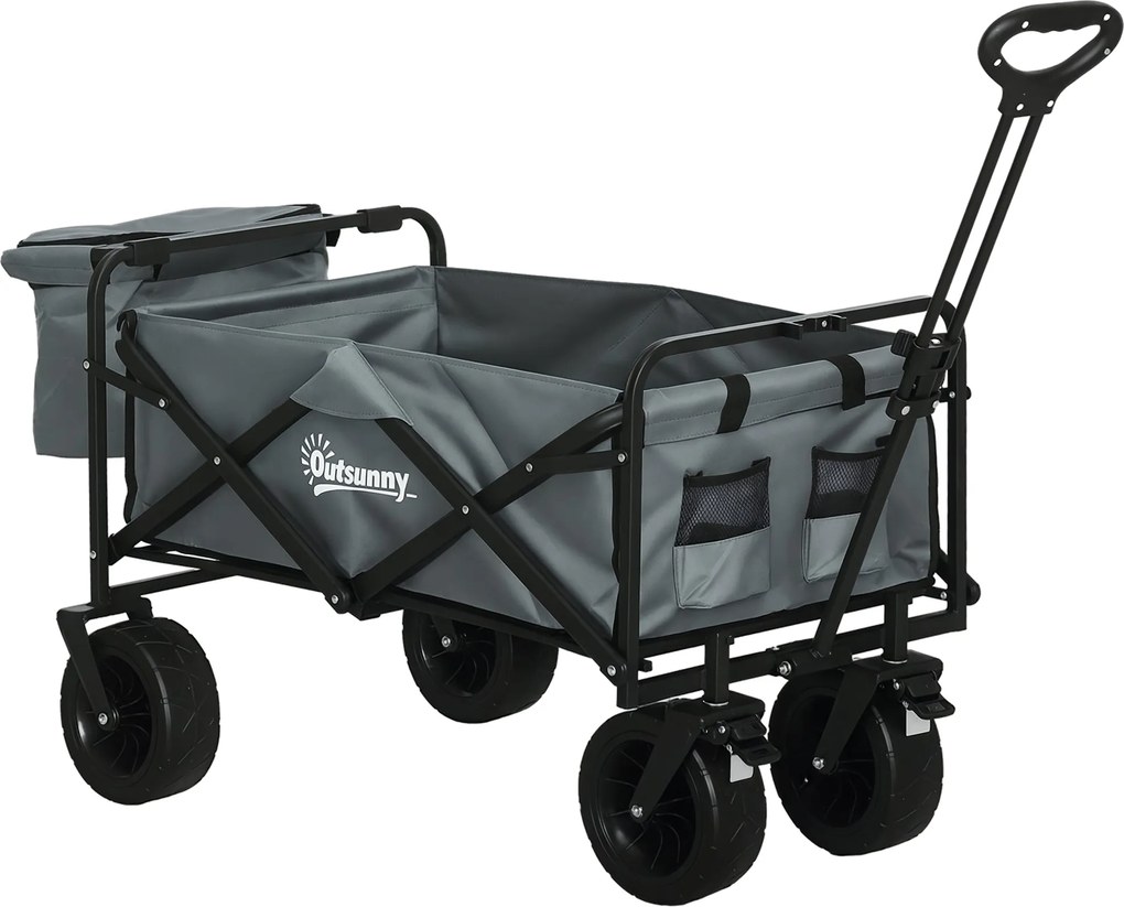Outsunny Összecsukható Kocsi Hűtővel, Strand Kocsi Kihúzható Fogantyúval, Kert Kocsi akár 100 kg Terhelhetőséggel, Oxford, Sötétszürke | Aosom