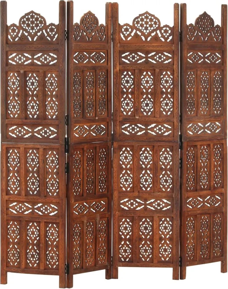 vidaXL 4-paneles barna mangófa kézzel faragott térelválasztó 160x165cm