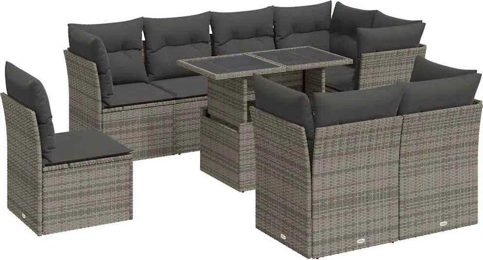 vidaXL 9 részes szürke polyrattan kerti ülőgarnitúra párnákkal