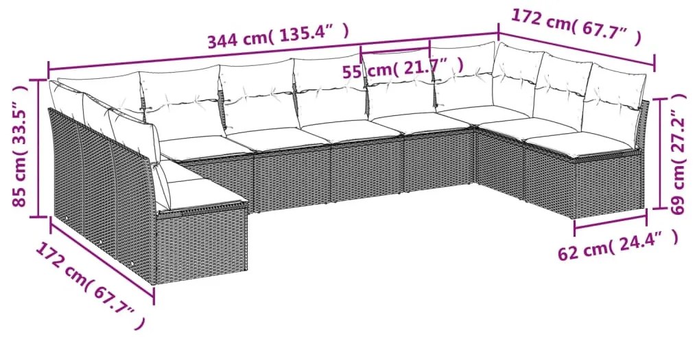 10 részes világosszürke polyrattan kerti ülőgarnitúra párnákkal