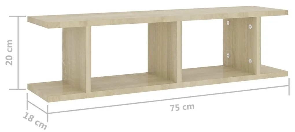 2 db sonoma tölgy színű szerelt fa fali polc 75 x 18 x 20 cm