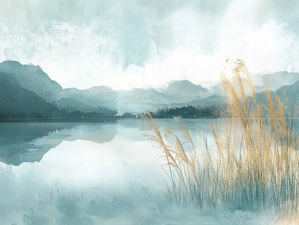 Vászonkép Canvas Tájkép Hegyek Tó Nád Köd 80x60