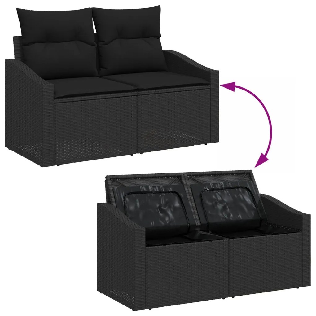 6 részes kerti kanapé szett párnákkal - fekete fonott műrattan