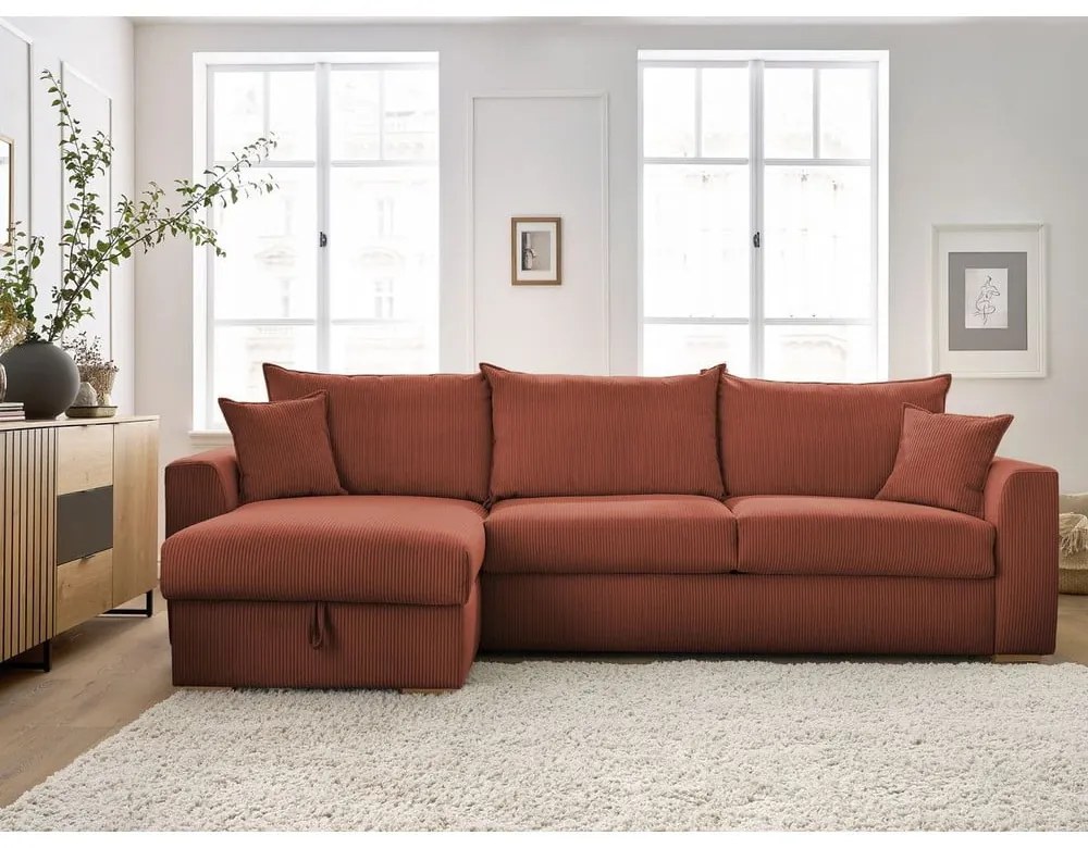 Téglavörös kordbársony kinyitható sarokkanapé (variálható) Augustin – Bobochic Paris