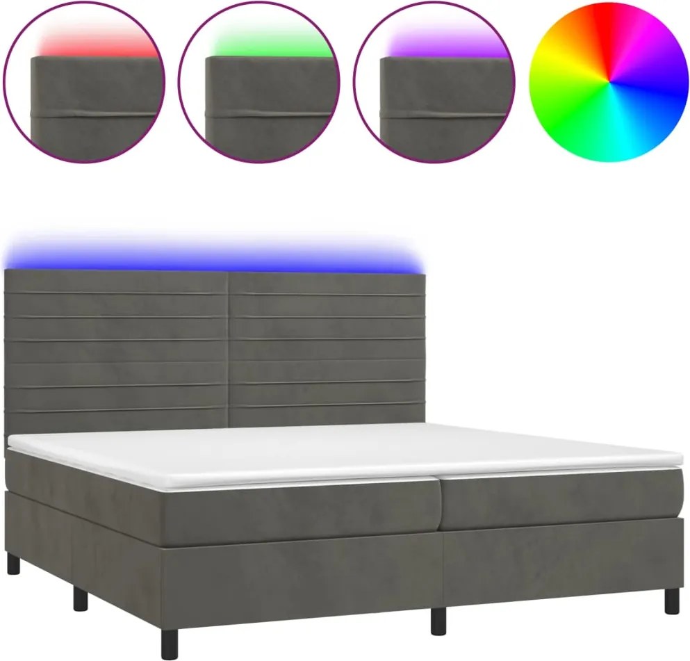 vidaXL sötétszürke bársony rugós és LED-es ágy matraccal 200x200 cm