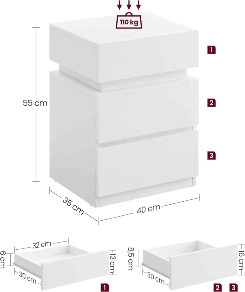 Éjjeliszekrény 40 × 35 × 55 cm, MDF, fehér ANT-E1163 WT