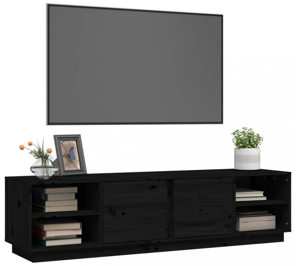 fekete tömör fenyőfa TV-szekrény 156 x 40 x 40 cm