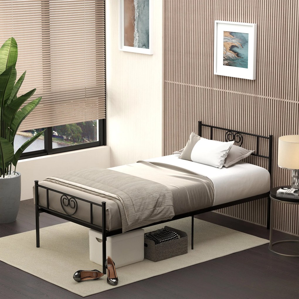 HOMCOM Egyszemélyes Fém Ágyváz 31 cm-es 90x190 cm-es Matrac számára Szívformájú Fejtámlával, Tárolóhellyel 95x196x100 cm Fekete | Aosom