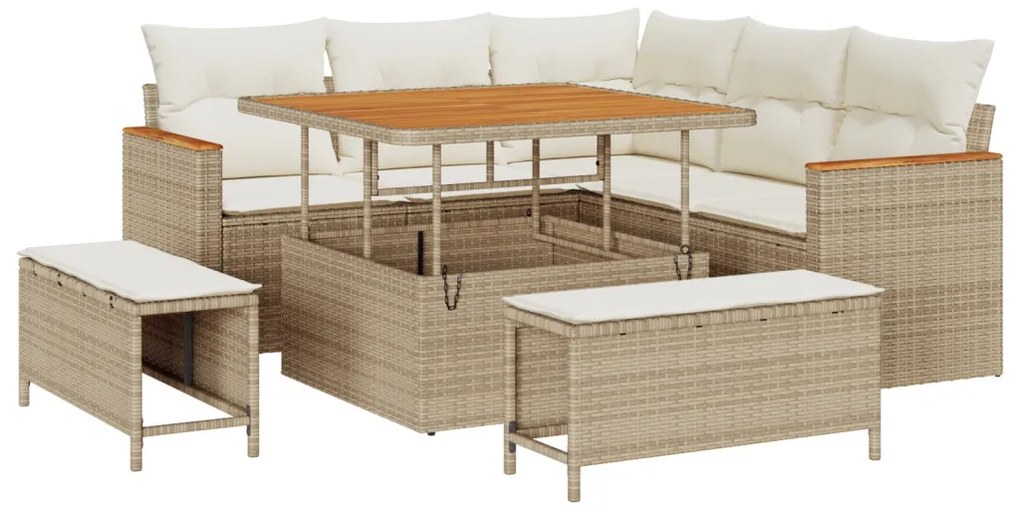 8 darabos Kert Sofa Szett Párnákkal Bézs Poli Rattan Akácia
