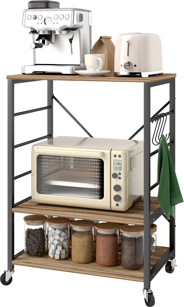 HOMCOM 3-Szintes Ipari Stílusú Konyhai Polc, Mikrohullámú Sütő és Tálalókocsi Kerekekkel és 4 Akasszal, Acél Szerkezet, Nappalihoz és Könyvtárhoz, 60x